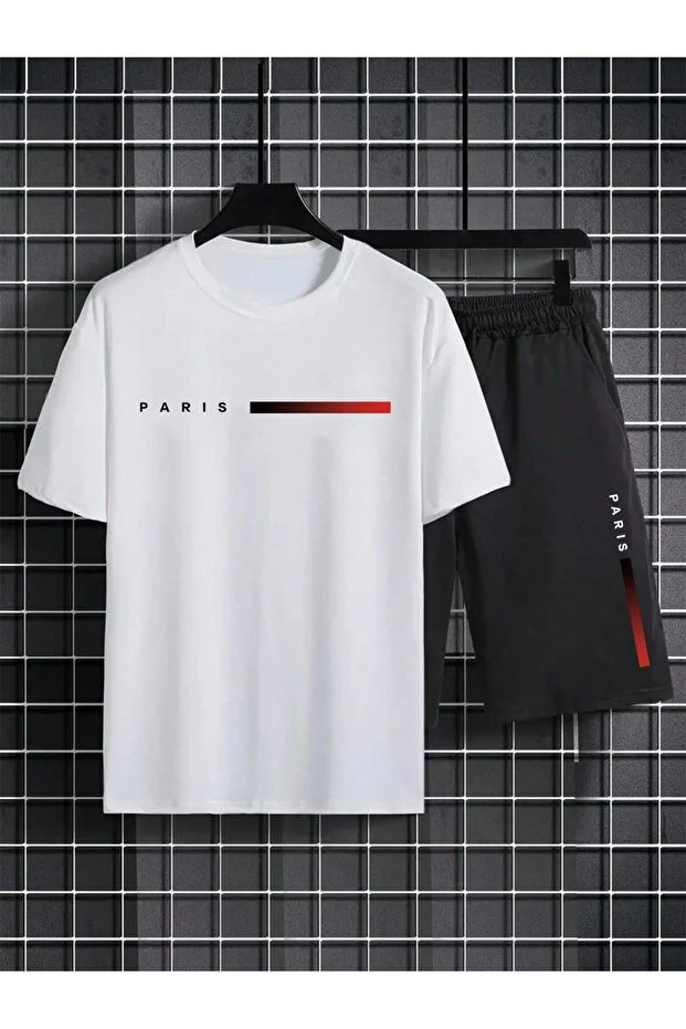 Erkek T-Shirt Şort - Şortlu Tişört Alt Üst Takım King Baskılı Bisiklet Yaka
